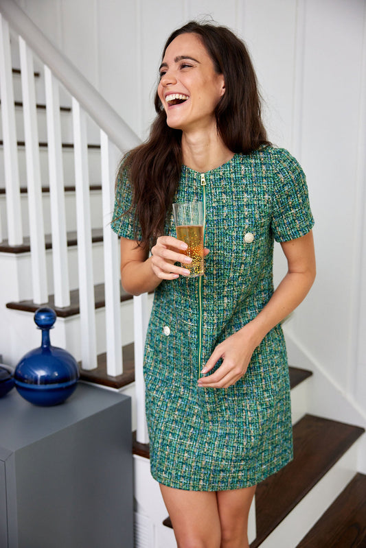 Sail to Sable Green Multi Tweed Zip Front Dress