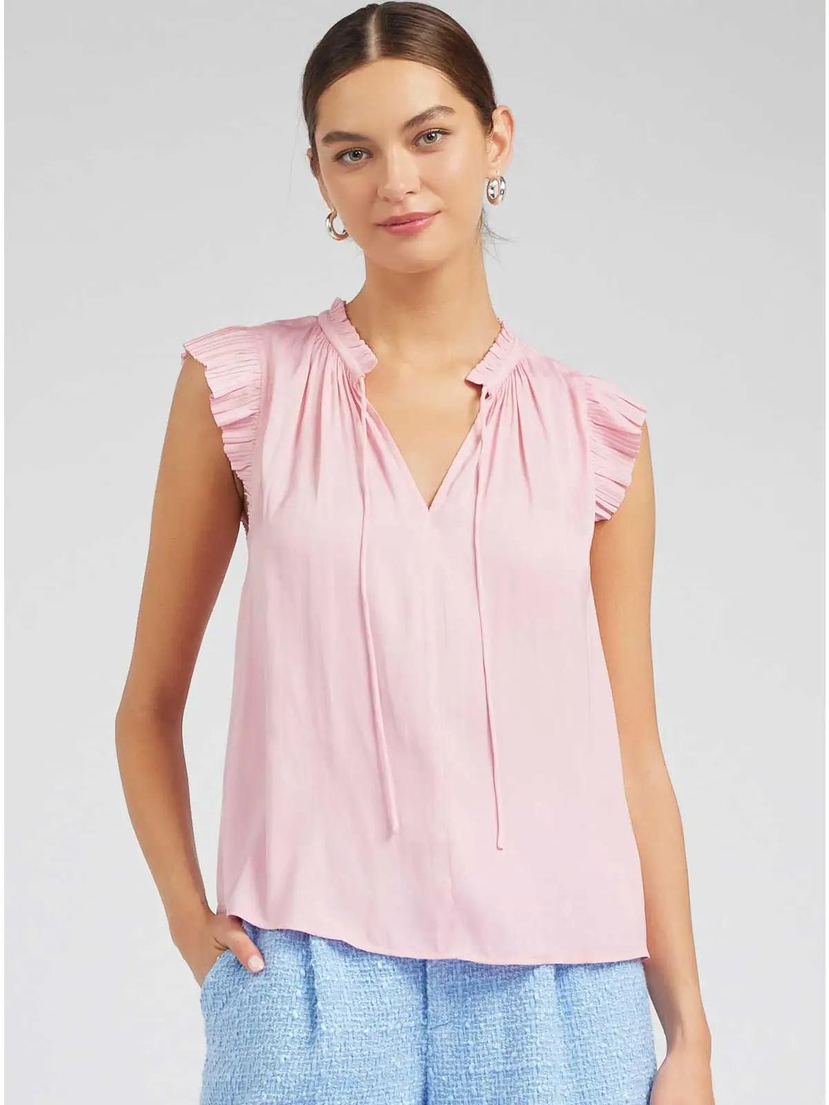 Pleated Short Sleeve Blouse W Ruffled Split Neck and Tie