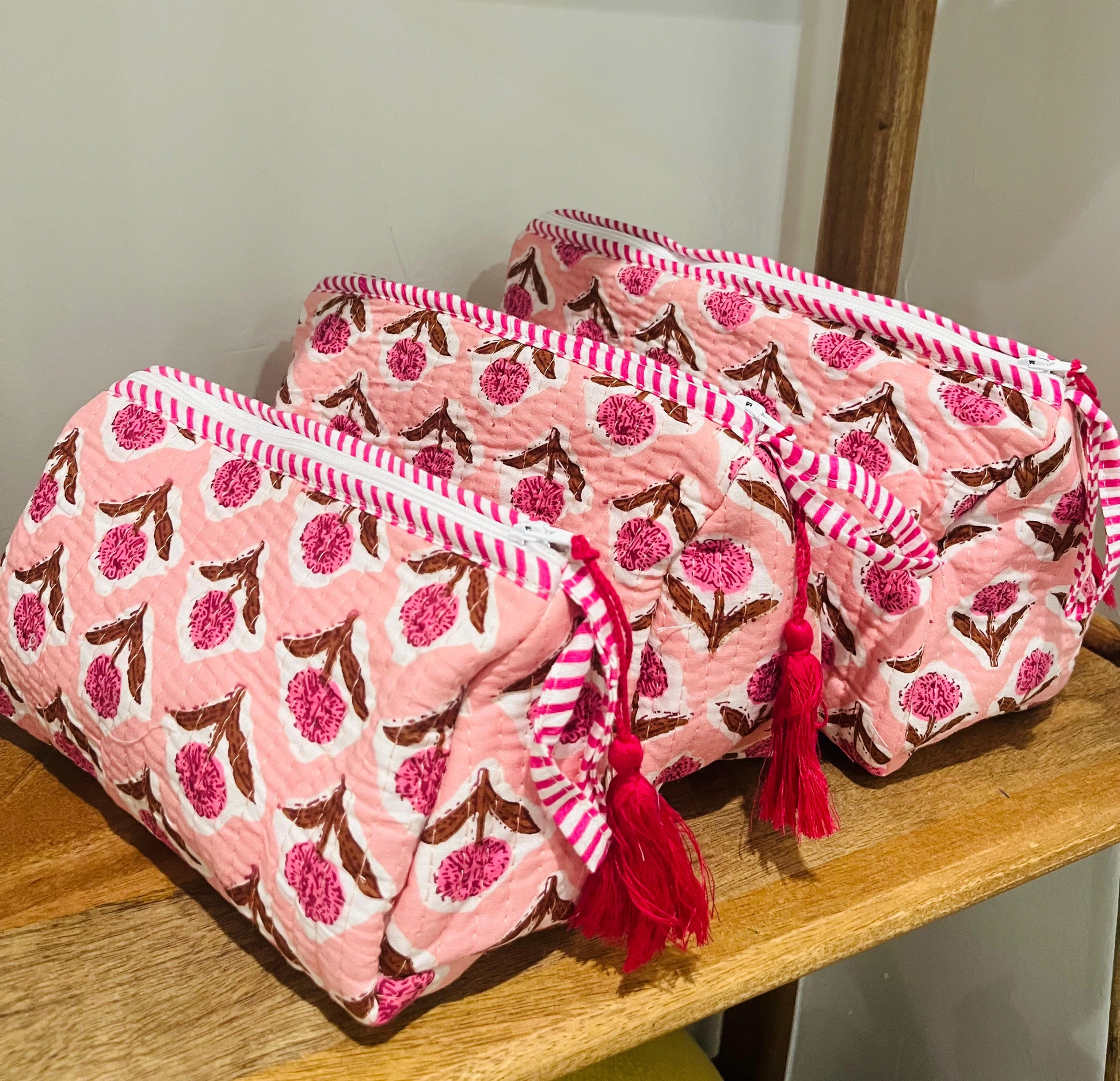 Pink Floral Block Print Toiletry Bags