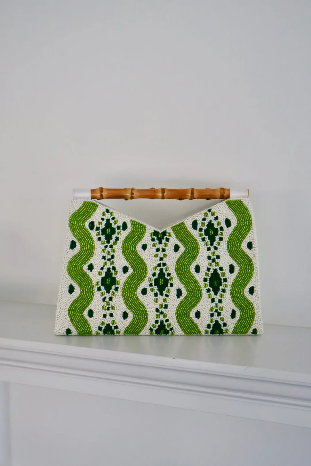 Bamboo Handle Clutch in Green Ikat