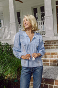 Blue & White Stripe Ruffle Front Top With Tassels