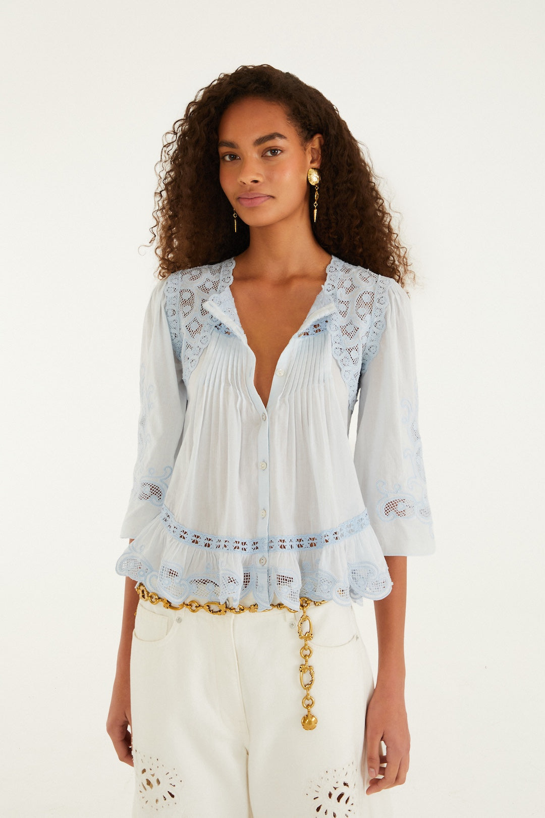 Light Blue Richilieu Short Sleeve Blouse