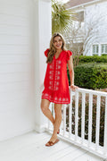 Red Flame V-Neck Ruffle Hem Dress