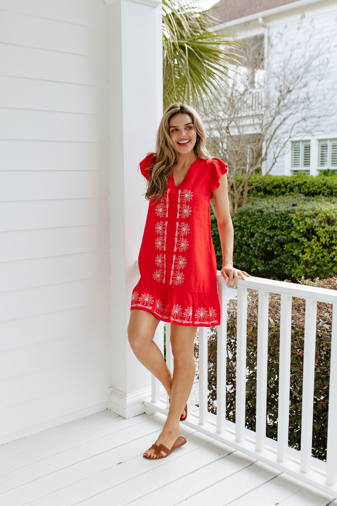 Red Flame V-Neck Ruffle Hem Dress