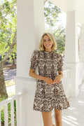 Tropical Block Print Smocked Puff Sleeve Mini Dress